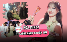Hòa Minzy chống nạng, ngồi xe lăn đến nhận giải