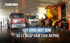 Máy bơm chạy hết công suất để giải quyết ngập hầm chui An Phú