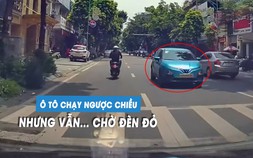 Ô tô con chạy ngược chiều, vẫn nghiêm túc dừng chờ đèn đỏ trên phố