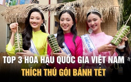 Hoa hậu Kiều Duy cùng 2 á hậu Quốc gia Việt Nam thích thú trải nghiệm gói bánh tét