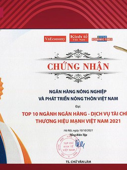 Agribank - Top 10 Thương hiệu mạnh Việt Nam lĩnh vực tài chính, ngân hàng năm 2021