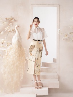 Hoa hậu Thùy Tiên diện đầm lấy cảm hứng từ chim khổng tước và hoa sen
