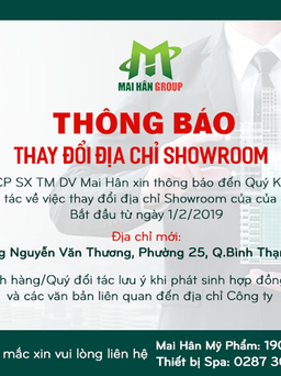 Thông báo Mai Hân Group thay đổi địa chỉ showroom từ ngày 1.2.2019