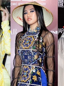 Hoa hậu Emily Hồng Nhung thay ba bộ áo dài khi xem show thời trang