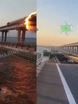 Xem vụ nổ lớn gây cháy, sập một đoạn cầu Crimea