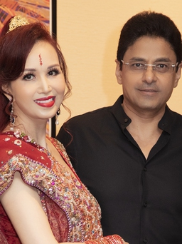 Hoa hậu Diệu Hoa mặc sari đi sự kiện cùng chồng