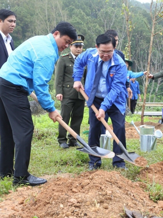Chủ tịch Quốc hội Vương Đình Huệ trồng hoa ban tại di tích Truông Bồn