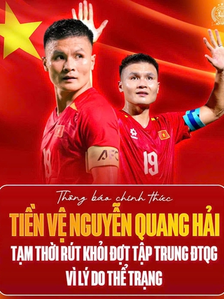 CLB CAHN thông báo 'nóng' về Quang Hải: Tạm rút lui đội tuyển Việt Nam do chấn thương cổ chân, tránh tái phát
