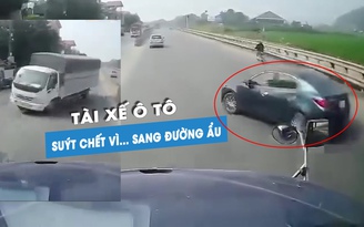 Kinh hoàng ô tô con sang đường ‘như tự sát’, suýt gây họa cho xe container