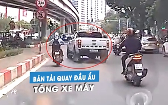 Bật đèn xi-nhan rồi lập tức chuyển hướng, xe bán tải suýt tông chết người trên phố