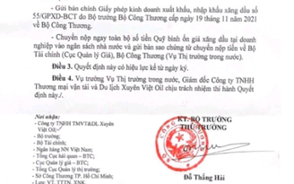 Bộ Công thương thu hồi giấy phép kinh doanh xăng dầu của Xuyên Việt Oil