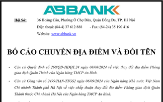 ABBank thông báo thay đổi địa điểm và tên gọi Phòng giao dịch Quán Thánh