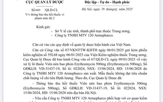 Thu hồi lô thuốc Erythromycin không đạt chất lượng