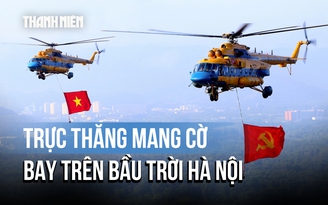 Cận cảnh trực thăng huấn luyện bay kéo cờ Đảng, cờ Tổ quốc tại Hà Nội