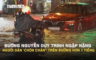 Đường Nguyễn Duy Trinh lại ngập nặng sau mưa lớn: Người dân 'chôn chân' trên đường