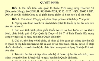 Thu hồi toàn quốc lô thuốc viên nang cứng Diacerin 50 do vi phạm chất lượng