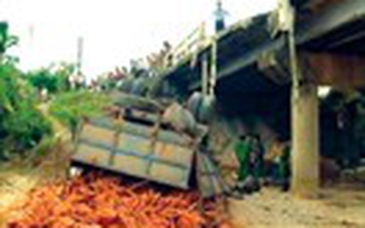 Xe chở gạch lao xuống cầu