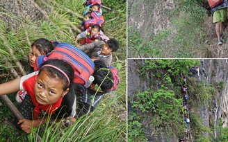 Học sinh leo núi dựng đứng để đi học