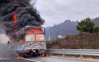 Xe tải bốc cháy ngùn ngụt trên cao tốc Lạng Sơn - Bắc Giang