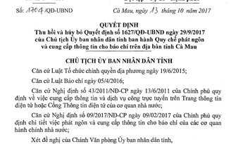 Cà Mau thu hồi quyết định ban hành quy chế phát ngôn báo chí