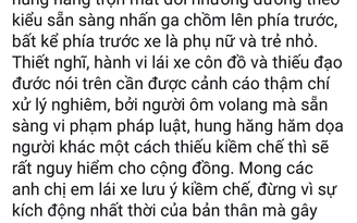 Tài xế quay đầu xe 'ngang ngược' còn hăm dọa; CSGT nói 'do văn hóa giao thông'