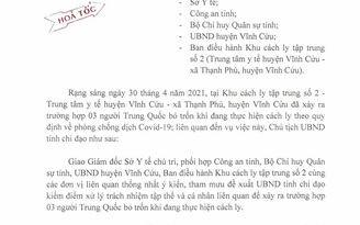 Xử lý trách nhiệm khi để 3 người Trung Quốc bỏ trốn khỏi nơi cách ly