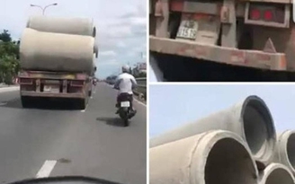Phạt nguội tài xế xe đầu kéo chở ống bê tông mất an toàn