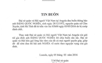 Hai người Việt bị sát hại tại Angola