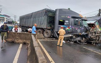 Tai nạn ở Đồng Nai: Xe container tông dải phân cách, 'húc' xe tải lật xuống đường