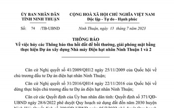 Ninh Thuận: Hủy thông báo thu hồi đất thực hiện xây dựng nhà máy điện hạt nhân