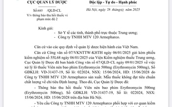 Thu hồi lô thuốc Erythromycin không đạt chất lượng