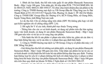 Thu hồi lô mỹ phẩm Hanayuki Sunscreen Body