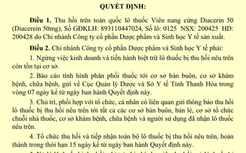 Thu hồi toàn quốc lô thuốc viên nang cứng Diacerin 50 do vi phạm chất lượng