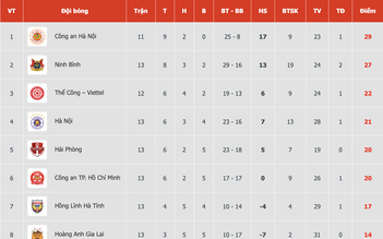 Bảng xếp hạng V-League mới nhất: ĐKVĐ Nam Định rơi sâu thẳm, bị cả HAGL và SLNA vượt mặt