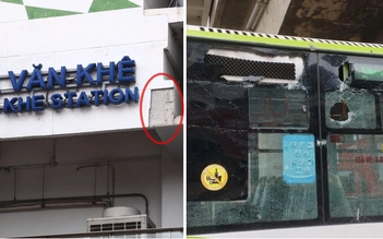 Vữa nhà ga metro Cát Linh - Hà Đông rơi vỡ kính xe buýt