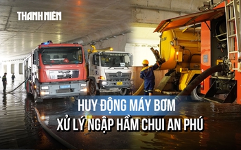 Máy bơm chạy hết công suất để giải quyết ngập hầm chui An Phú