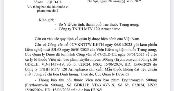 Thu hồi l&ocirc; thuốc Erythromycin kh&ocirc;ng đạt chất lượng
