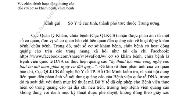 Bộ Y tế chỉ đạo kiểm tra quảng c&aacute;o dịch vụ 'lọc m&aacute;u giảm đột quỵ'