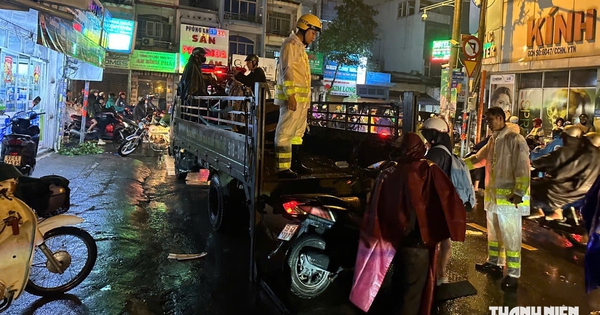 TP.HCM mưa lớn, cây bật gốc: CSGT chuẩn bị xe tải chở xe máy qua vùng ngập