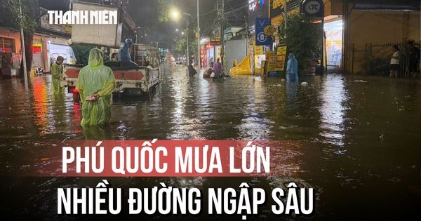 Mưa lớn xối xả, nhiều tuyến đường nội ô trung tâm Phú Quốc ngập sâu