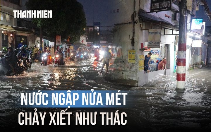 Mưa lớn ở TP.HCM, nước cuồn cuộn khiến người dân 'mắc kẹt' giữa giờ tan tầm