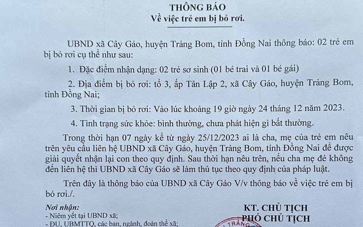 Đồng Nai: 'Mẹ đơn thân' bỏ rơi 2 trẻ sơ sinh