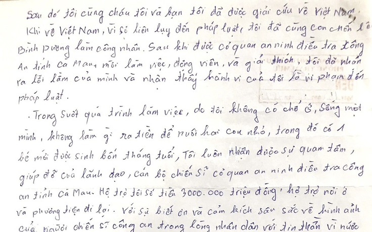 Cà Mau: Bị can viết thư cảm ơn công an vì được 'giải cứu' về Việt Nam