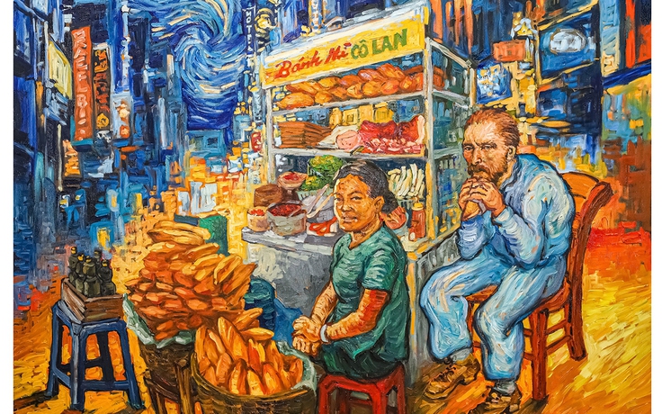 Bất ngờ 'gặp' Van Gogh ăn bánh mì Sài Gòn và chụp ảnh Nhà thờ Đức Bà