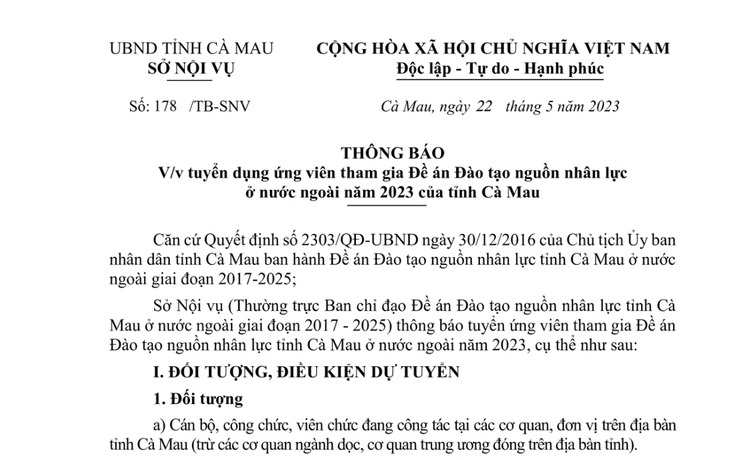 Cà Mau tuyển ứng viên tham gia đào tạo nguồn nhân lực ở nước ngoài