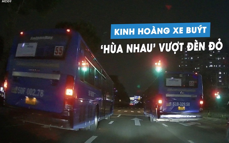 Phẫn nộ xe buýt 'hùa nhau' vượt đèn đỏ trên phố, ngay giờ cao điểm