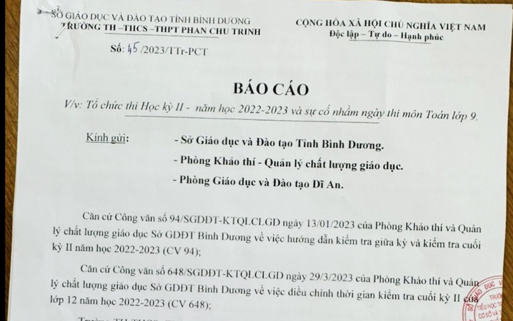 Bình Dương: Kỷ luật phó hiệu trưởng liên quan vụ tổ chức thi nhầm ngày