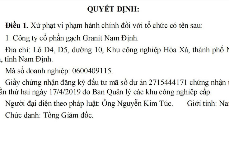 Công ty CP gạch Granit Nam Định bị phạt 350 triệu đồng vì xả thải trái phép