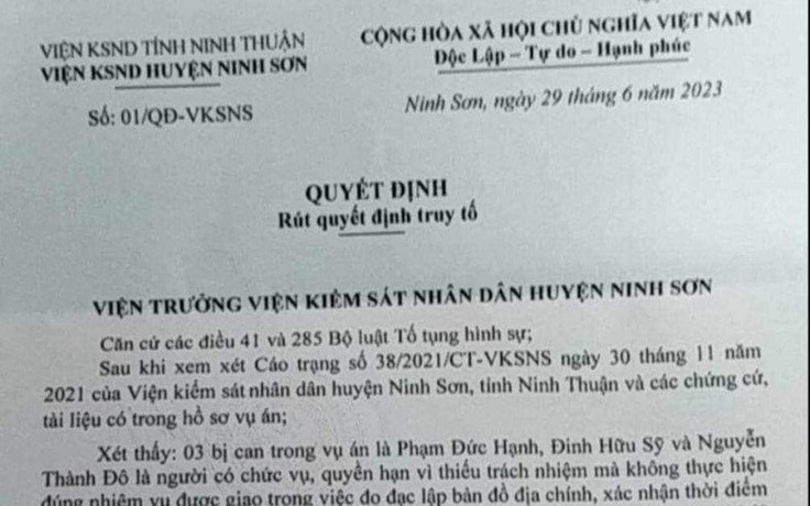 Ninh Thuận: Viện KSND H.Ninh Sơn rút quyết định truy tố 3 bị can