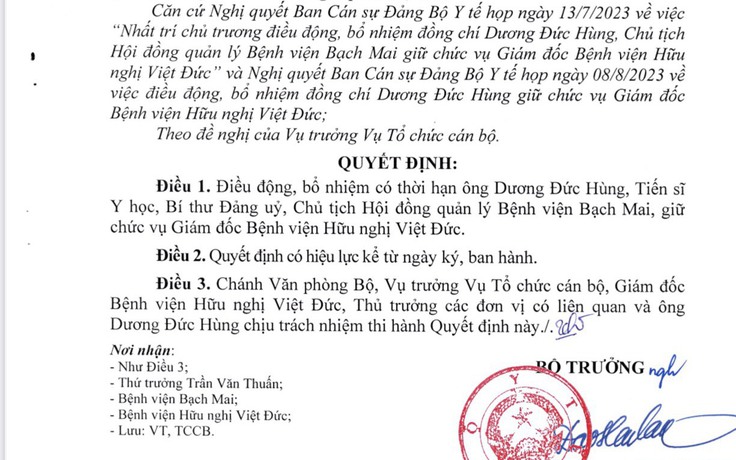 Điều động, bổ nhiệm TS Dương Đức Hùng làm Giám đốc Bệnh viện hữu nghị Việt Đức